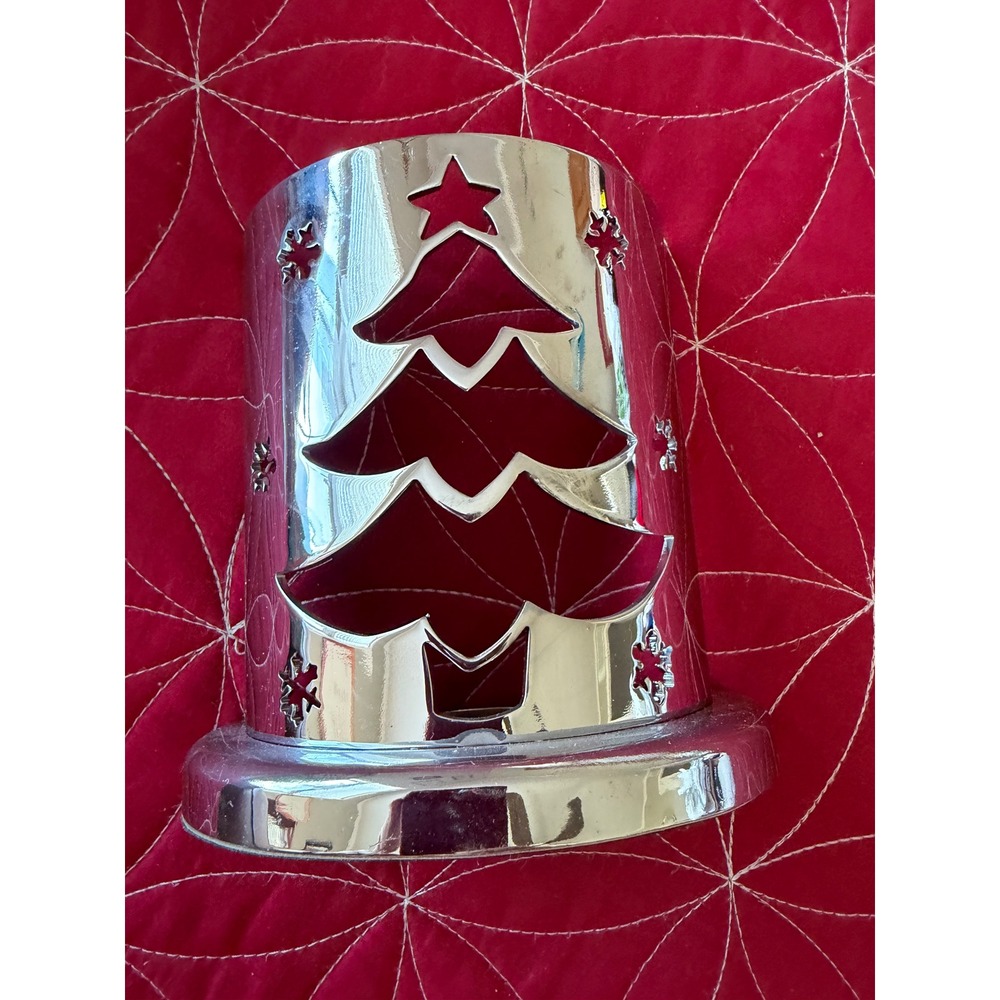 Silver Christmas Tree Candle Holder Lantern Snowflakes Star Holiday Decor